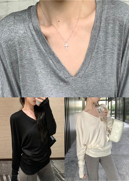 Loose Black Solid Cozy Cotton T Shirts Batwing Sleeve TD025