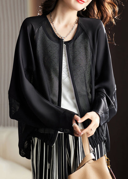 Loose Black Zippered Hollow Out Coats Batwing Sleeve AC1001