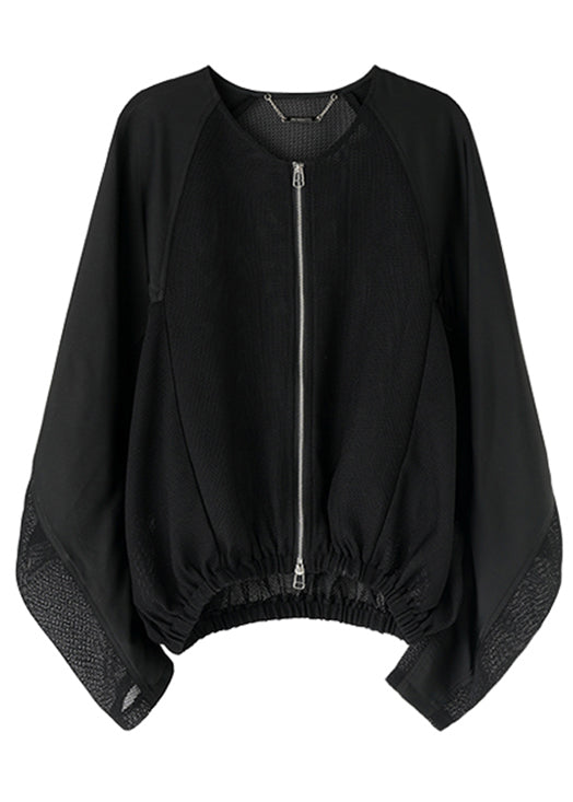 Loose Black Zippered Hollow Out Coats Batwing Sleeve AC1001