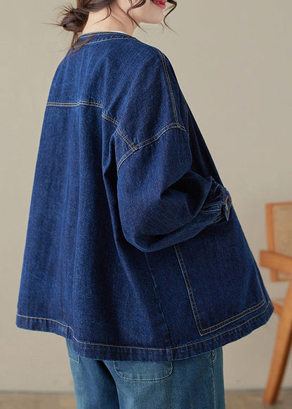 Loose Blue O-Neck Pockets Patchwork Denim Coats Long Sleeve UU047