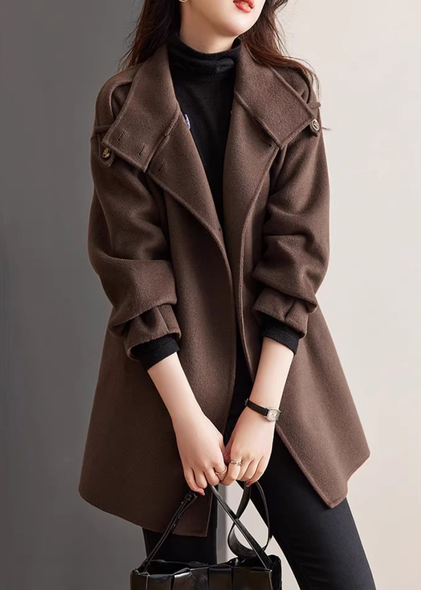 Loose Chocolate Stand Collar Button Woolen Coats Spring TY014