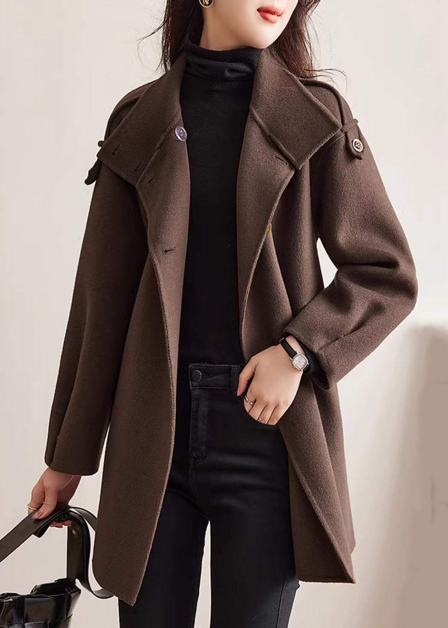 Loose Chocolate Stand Collar Button Woolen Coats Spring TY014