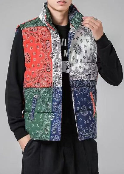 Loose Colorblock Stand Collar Pockets Cotton Filled Men Waistcoat Winter RN001