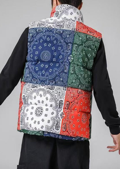 Loose Colorblock Stand Collar Pockets Cotton Filled Men Waistcoat Winter RN001