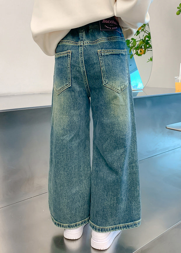 Loose Denim Blue Embroideried Elastic Waist Girls Wide Leg Pants TV016