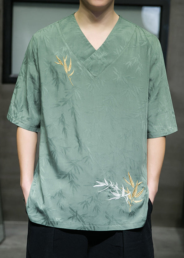 Loose Green Butterfly Print Ice Silk Mens T Shirts Summer LK058