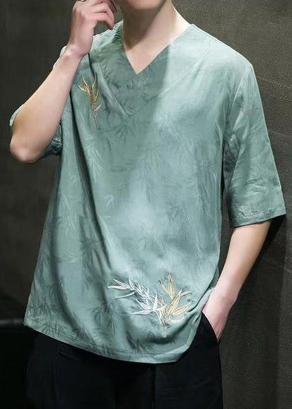 Loose Green Butterfly Print Ice Silk Mens T Shirts Summer LK058