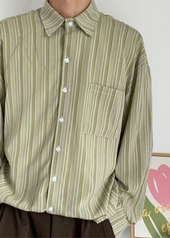 Loose Green Peter Pan Collar Striped Cotton Shirt Men Fall RO005