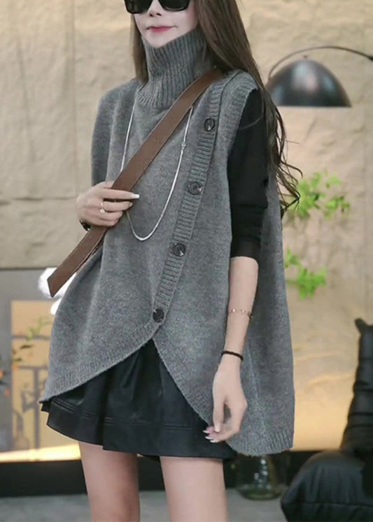 Loose Grey Turtleneck Asymmetrical Knit Waistcoat Sleeveless TY005