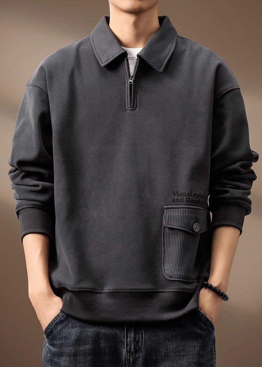 Zip Loose Cotton Men Sweatshirt Pockets Up Grey Spring TC018