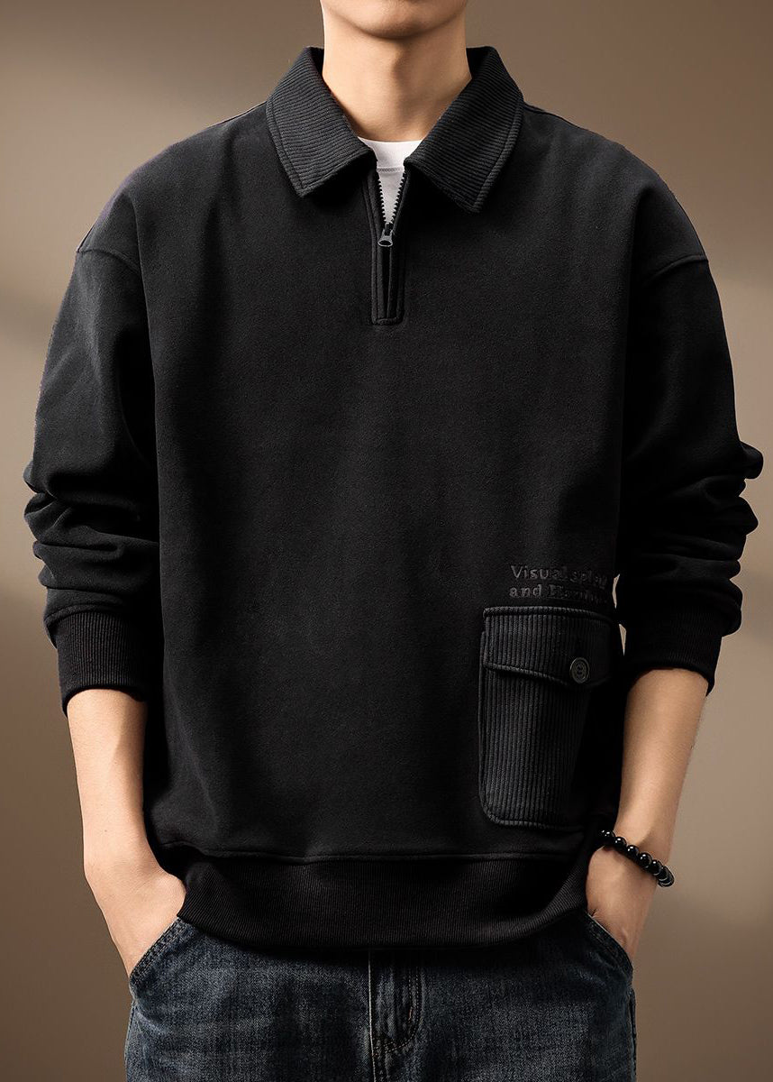 Zip Loose Cotton Men Sweatshirt Pockets Up Grey Spring TC018