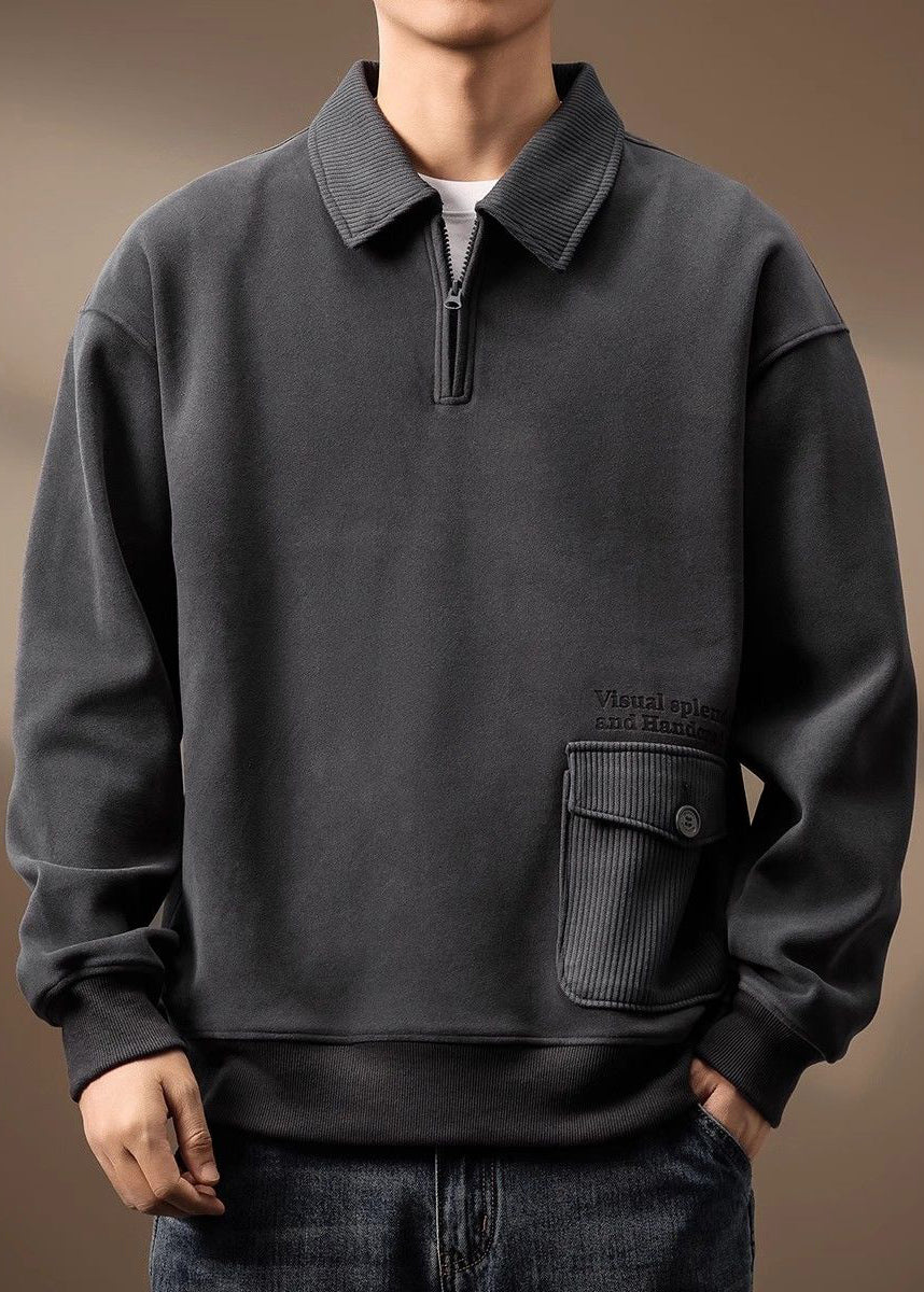 Zip Loose Cotton Men Sweatshirt Pockets Up Grey Spring TC018