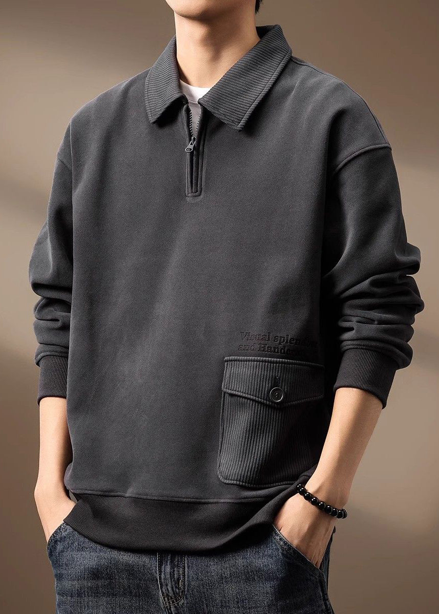 Zip Loose Cotton Men Sweatshirt Pockets Up Grey Spring TC018