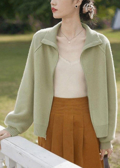 Loose Light Green Zip Up Patchwork Knit Coats Long Sleeve TU033