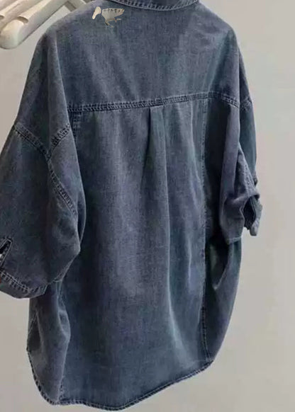 Chemise en jean ample gris clair à col Peter Pan et patchwork à taille basse et haute pour l'été VB1080