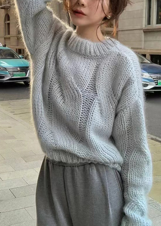 Loose Light Khaki O Neck Hollow Out Knit Sweater Winter WQ044