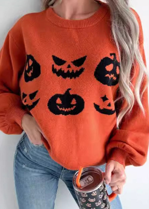 Loose Orange O Neck Cozy Knit Sweater Long Sleeve AE1004