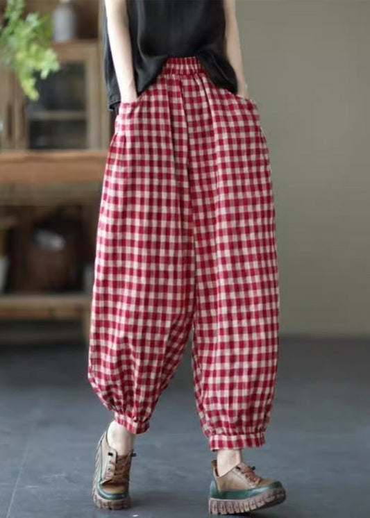 Pantalon court ample à carreaux rouges avec poches et taille élastique pour l'été TR012