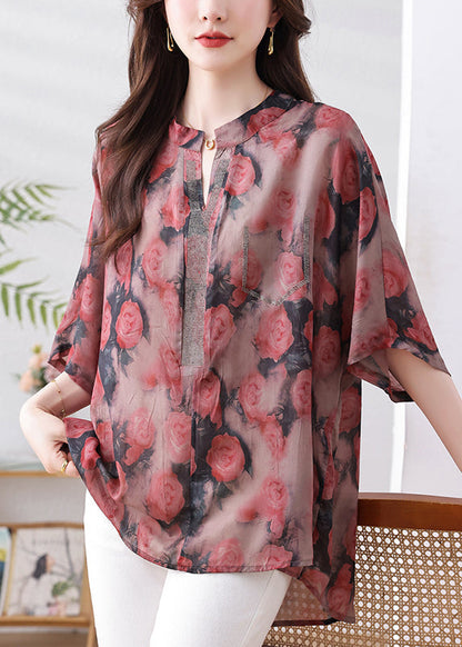 Loose Red Print Low High Design Button Silk Cotton Shirts Bracelet Sleeve QB012