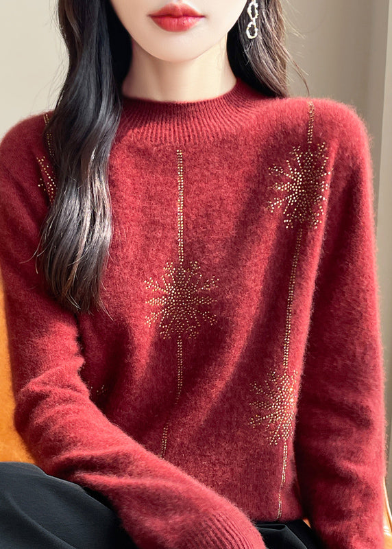 Loose Red Turtleneck Zircon Patchwork Thick Cotton Knit Sweater Winter TE041