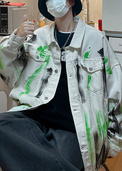 Loose White Tie Dye Button Denim Men Coat Fall WA029