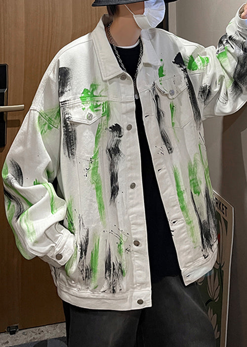 Loose White Tie Dye Button Denim Men Coat Fall WA029