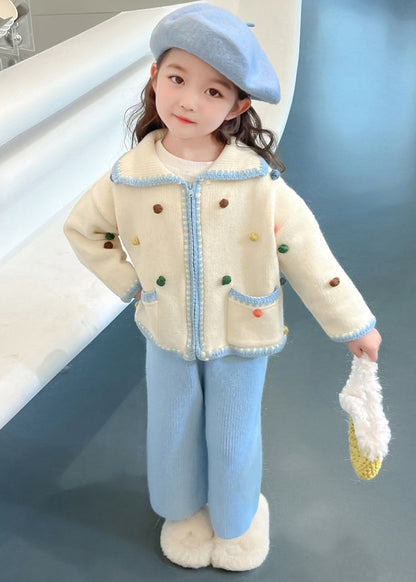 Lovely Blue Peter Pan Collar Patchwork Knitted Cotton Girls Cardigans And Crop Pants Two Piece Set Spring TR025