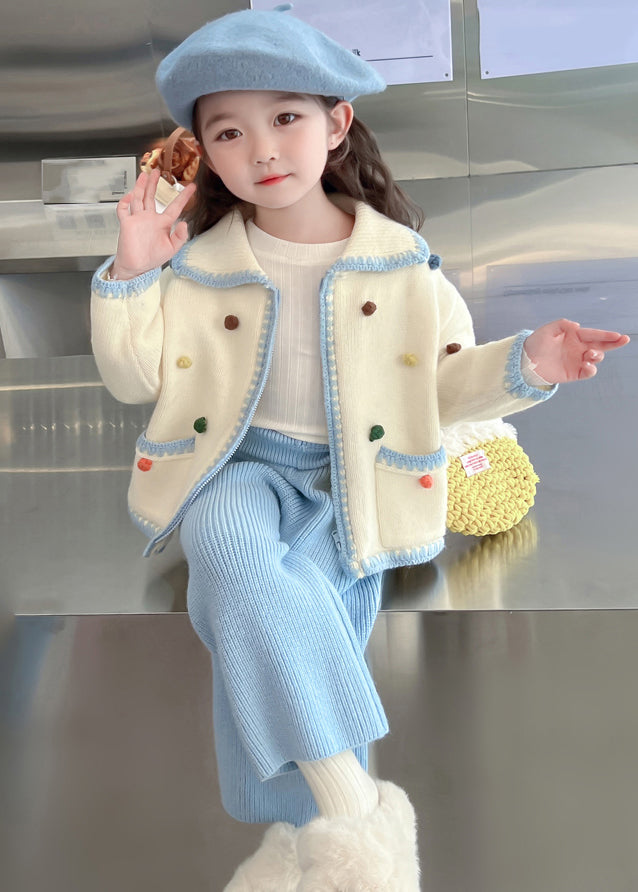 Lovely Blue Peter Pan Collar Patchwork Knitted Cotton Girls Cardigans And Crop Pants Two Piece Set Spring TR025