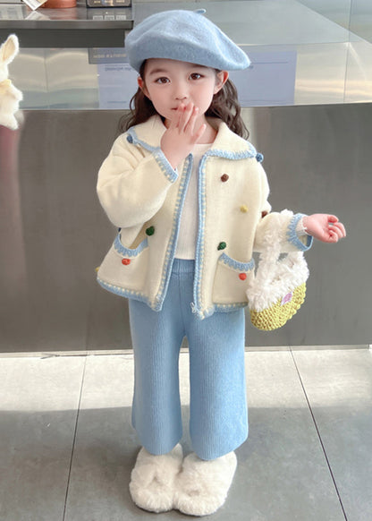 Lovely Blue Peter Pan Collar Patchwork Knitted Cotton Girls Cardigans And Crop Pants Two Piece Set Spring TR025