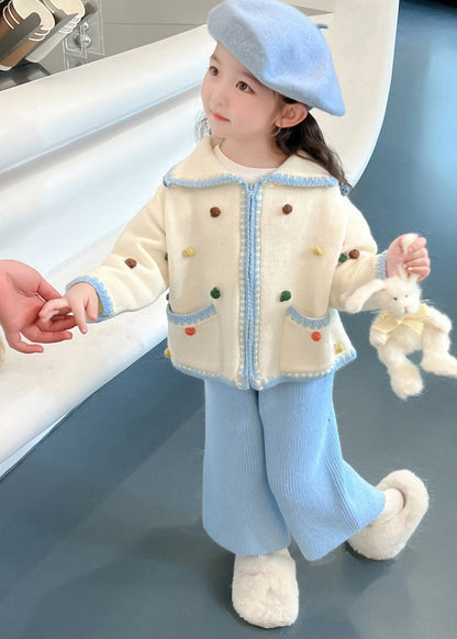 Lovely Blue Peter Pan Collar Patchwork Knitted Cotton Girls Cardigans And Crop Pants Two Piece Set Spring TR025