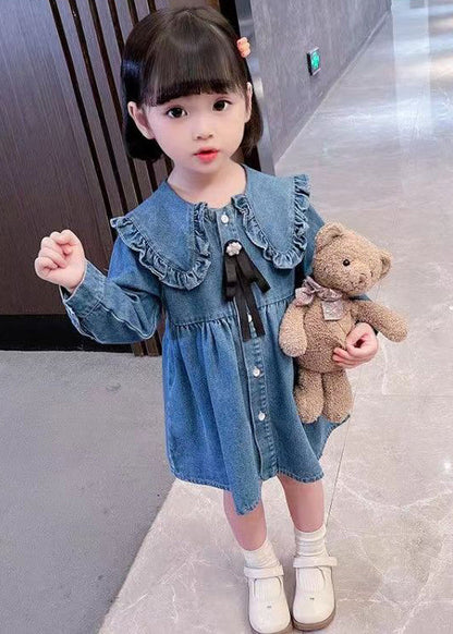 Lovely Blue Ruffled Button Shirt Girls Long Dress Long Sleeve XZ011