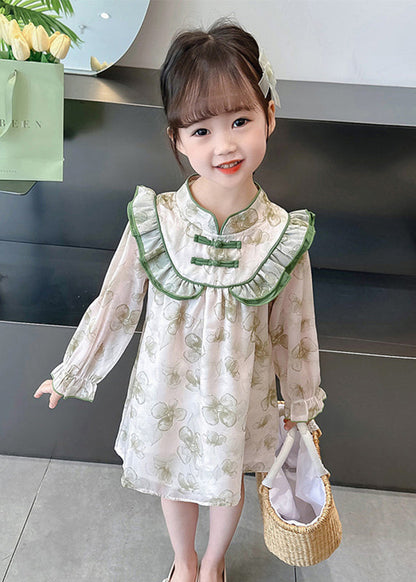 Lovely Green Ruffled Print Cotton Girls Dress Long Sleeve XZ087