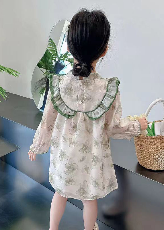 Lovely Green Ruffled Print Cotton Girls Dress Long Sleeve XZ087