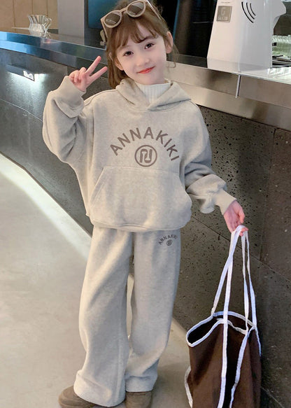 Lovely Grey Kids Fleece Hooded Sweatshirt And Wide Leg Pants Two Pieces Set Spring TR013