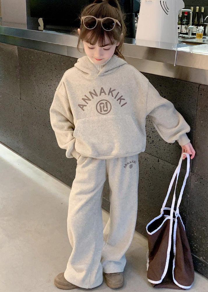 Lovely Grey Kids Fleece Hooded Sweatshirt And Wide Leg Pants Two Pieces Set Spring TR013