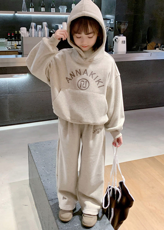 Lovely Grey Kids Fleece Hooded Sweatshirt And Wide Leg Pants Two Pieces Set Spring TR013