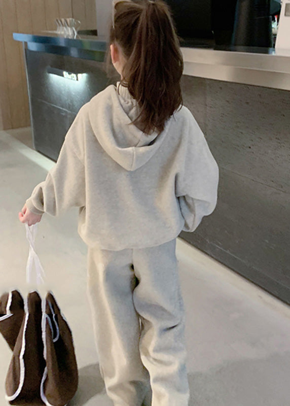 Lovely Grey Kids Fleece Hooded Sweatshirt And Wide Leg Pants Two Pieces Set Spring TR013