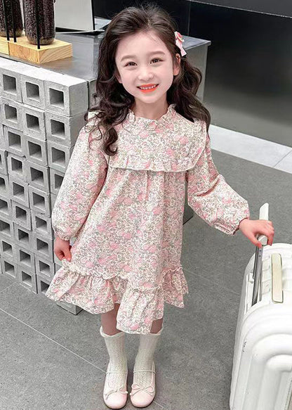 Lovely Pink Ruffled Print Cotton Girls Long Dress Fall XZ085