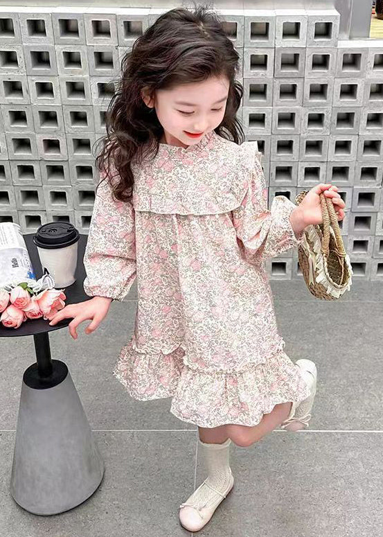 Lovely Pink Ruffled Print Cotton Girls Long Dress Fall XZ085