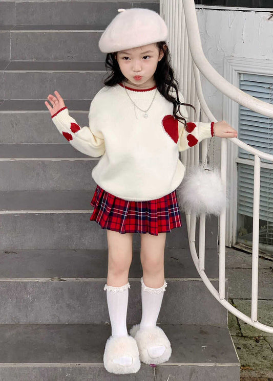 Lovely Red Patchwork Kids Cotton Knit Sweaters And Skirts Two Piece Set Spring TR004