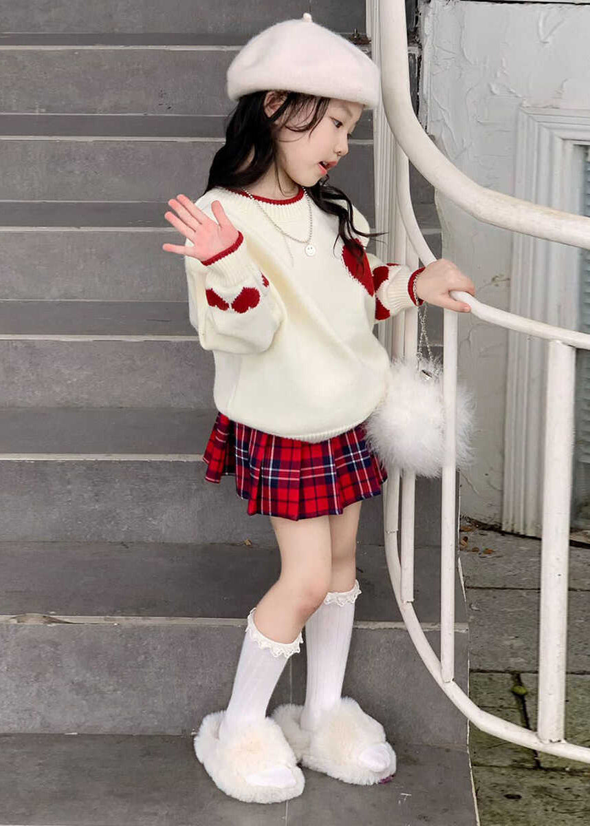 Lovely Red Patchwork Kids Cotton Knit Sweaters And Skirts Two Piece Set Spring TR004