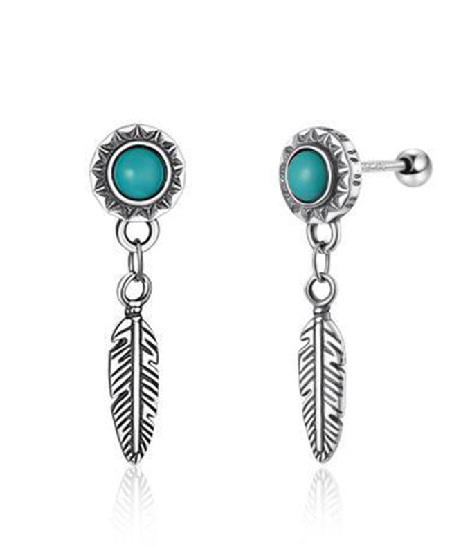 Men Blue Sterling Silver Turquoise Feather Stud Earrings QJ008