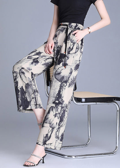 Moderne Apricot Quasten Print Seide gerade Hose Sommer OO019