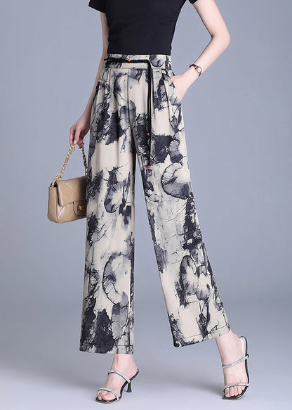 Moderne Apricot Quasten Print Seide gerade Hose Sommer OO019