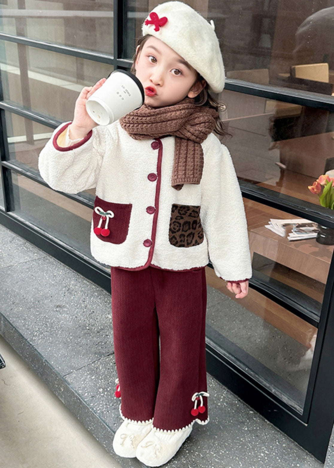 Modern Beige O-Neck Patchwork Button Pockets Faux Fur Kids Top And Pants Two Pieces Set Winter TR030