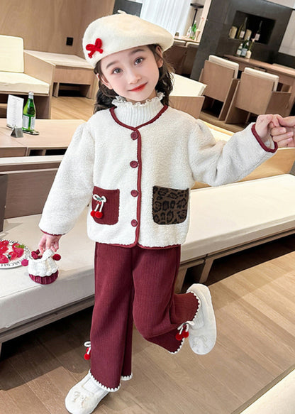 Modern Beige O-Neck Patchwork Button Pockets Faux Fur Kids Top And Pants Two Pieces Set Winter TR030