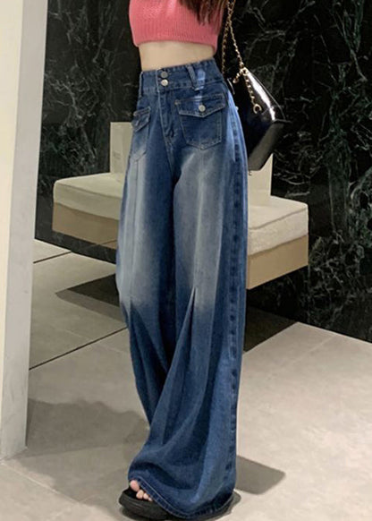 Pantalon en jean taille haute avec poches bleues modernes pour l'été AW1004