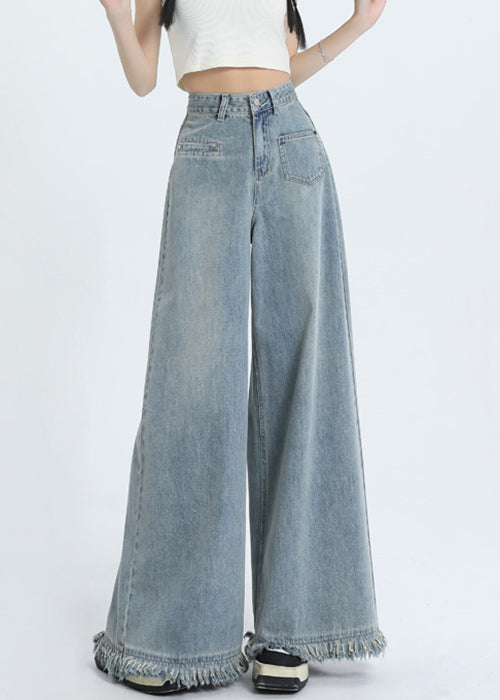 Pantalon large en denim bleu moderne à taille haute avec pompons Automne AW1003