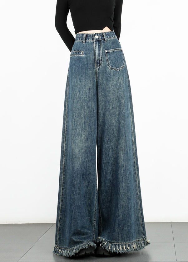 Pantalon large en denim bleu moderne à taille haute avec pompons Automne AW1003