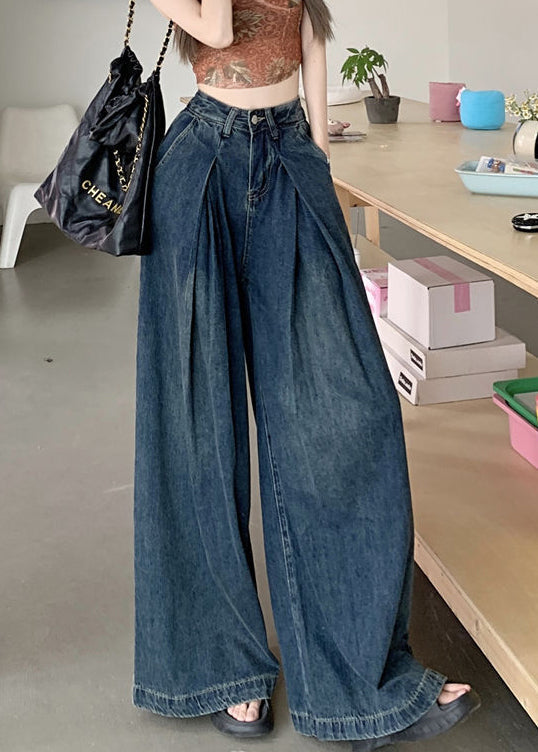 Moderne blaue Denim-Hose mit weitem Bein und Faltentaschen für den Sommer PP010